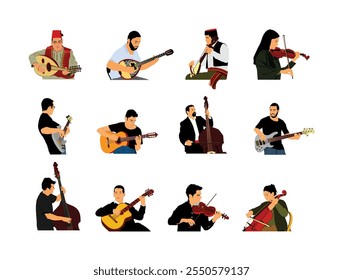 String instrumentalist band play string instrument vector illustration isolated. Folklore concert. Music orchestra collection. Musician entertainment jazz event party. Music players group singer set.