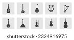 String instruments icon set. Guitar, violon, cello, lute, harp, lyre, banjo sitar, balalaika silhouette sign icon symbol pictogram vector illustration