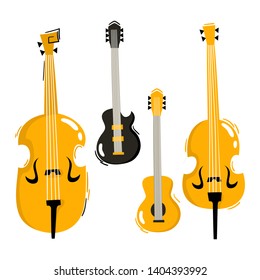 String instruments for jazz and blues isolated on white background. Cartoon vector illustration of music festival instrument in yellow and black color used for music poster, magazine, tickets.