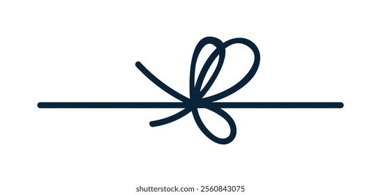 String knot tying, thin ribbon bow, decorative loops from rope. Cord adornment, line lace decoration for festive gift, surprise. Vector graphic illustration isolated on white background