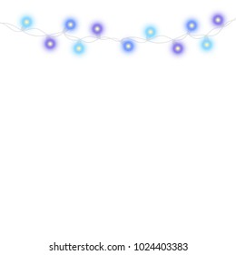 String light garland and text space isolated on black background. Vector illustration of Christmas, New Year party decoration with transparency. Glowing light for card design. Lights border.
