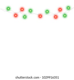 String light garland and text space isolated on black background. Vector illustration of Christmas, New Year party decoration with transparency. Glowing light for card design. Lights border.