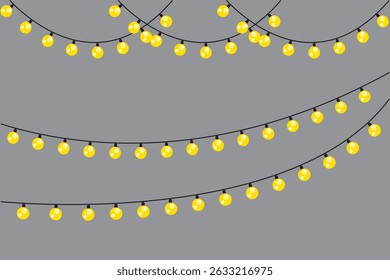 Cordas de guirlandas leves. Lâmpadas amarelas brilhantes. Decoração de festa vetorial. Fundo festivo cinza.