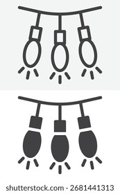 Decoración de luces de cadena de diferentes estilos paquete de iconos. Versión de línea y glifo, contorno y signo de Vector sólido. Conjunto de iconos de luz de vacaciones de trazo editable.