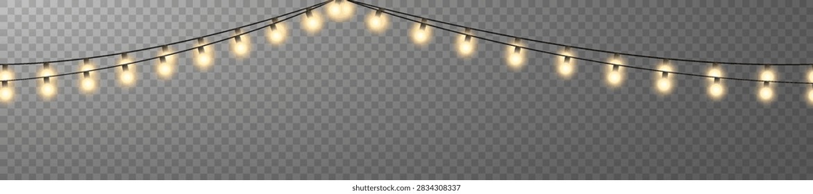 String lights garland with warm glowing bulbs along a curved line, soft bokeh highlights, partially visible on transparent background.