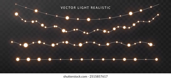 String lights garlands on dark background. Template for party, carnival, Christmas, birthday or presentation. Vector holiday decorations,