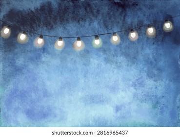 String lights glow softly against a deep blue background. The lights are arranged evenly, glowing in various colors. This scene takes place at night, suggesting a sense of celebration or gathering. The vibrant hues contrast with the deep blue backdrop, adding energy to the scene. This artwork embodies a festive spirit, making it suitable for events or lively occasions