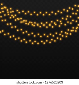 String lights isolated decoration on transparent background with realistic design. Romantic wedding garland. Glowing lights for Xmas Holiday cards, banners, posters, web design Vector illustration