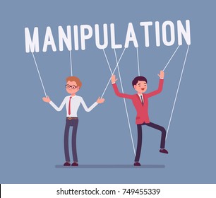 String manipulation puppet people. Controlling and using men unfairly or dishonestly under the influence, unfair business game. Vector flat style cartoon illustration isolated on blue background