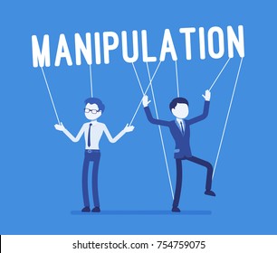 String manipulation puppet people. Men in underhand influence of leader or boss, controlling them in unscrupulous way. Business style vector concept illustration