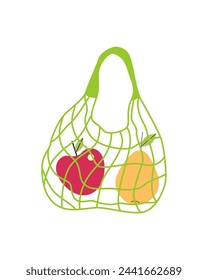 String mesh bag with fruits. Modern eco reusable shopper, shopping bag. Cartoon icon, doodle.