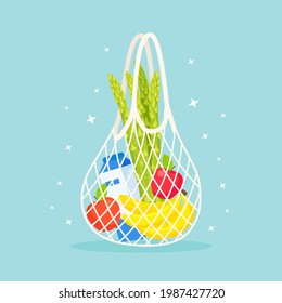 String mesh cotton eco bag full of fresh organic bananas, apples, asparagus and milk. Net bags with various products. Zero waste, plastic free concept. Different stuff from local market. Vector design