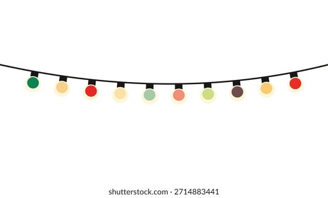 Una cadena de Navidades multicolores se enciende sobre un cordón negro sobre un fondo blanco