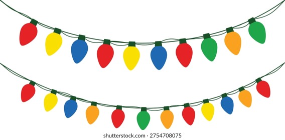 A string of multicolored Christmas lights on a white background, perfect for holiday decorations and festive ambiance.