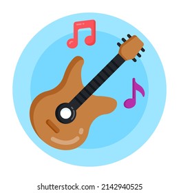 Icono de instrumento de música de cuerda, diseño plano redondeado de guitarra 