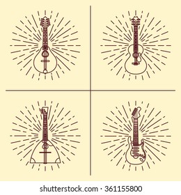 String music instrument logo set. Vintage styled vector illustration. Vector clip art. Retro design element for music store packaging, studio or t-shirt design.