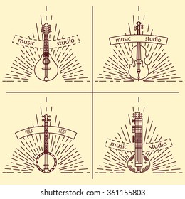 String music instrument logo set. Vintage styled vector illustration. Vector clip art. Retro design element for music store packaging, studio or t-shirt design.