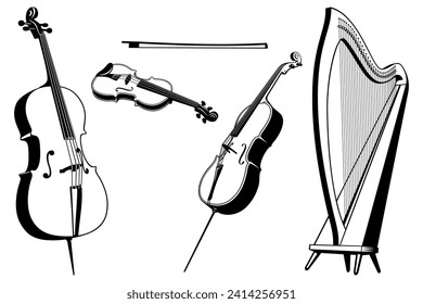 String music instruments Set. Violin, cello, double bass, harp. Outline vector clipart isolated on white.