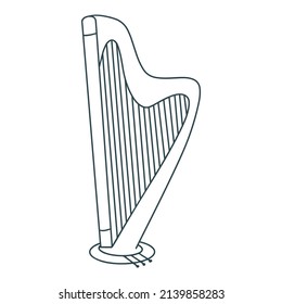 String musical instrument harp vector illustration. Harp doodle style isolated black object. Outline drawing of instrument for music