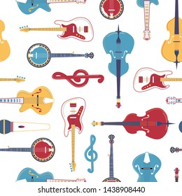 String musical instruments flat vector illustration. Note key, cello, electric guitar, microphone texture. Strumming instruments. Music festival, jazz performance, classical orchestra background