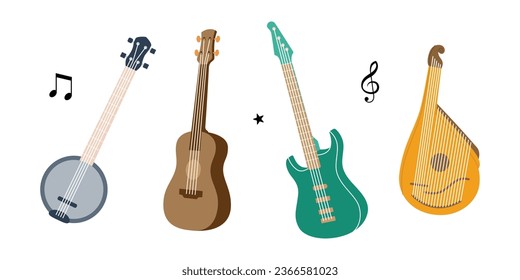 String musical instruments. Lute, violin, bandura, acoustic guitar, electric bass guitar, american banjo. Vector illustration.