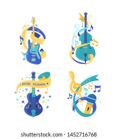 String musical instruments and microphone illustrations set. Electric and retro acoustic guitar. Classical cello isolated clipart. Metal mic with notes design element. Jazz and blues band equipment