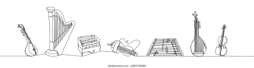 String musical instruments set one line art. Continuous line drawing of kobza, bandura, lute, sitar, harp, musical, lira, harmonium, lyre, tsymbaly, dulcimer