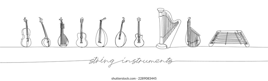 Instrumentos musicales de cuerda establecen una línea de arte. Dibujo continuo de guitarra, kozobas, kobza, violín, cello, contrabando, arpa, musical, simbólico, dulcimer con inscripción, letras, manuscrito.