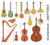 String musical instruments. Various classical orchestral musical instruments, guitars, traditional national musical instruments. Vector flat style illustration. Cartoon graphic design elements set
