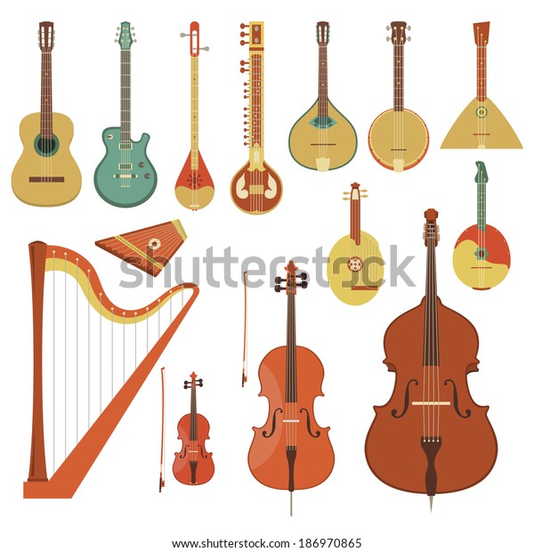 String musical instruments. Various classical\
orchestral musical instruments, guitars, traditional national\
musical instruments. Vector flat style illustration. Cartoon\
graphic design elements\
set