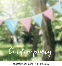 String of pastel bunting flags hanging among trees. Summer birthday garden party decoration. Brazilian June party, Festa junina holiday concept. Modern midsummer blurred background, vector.
