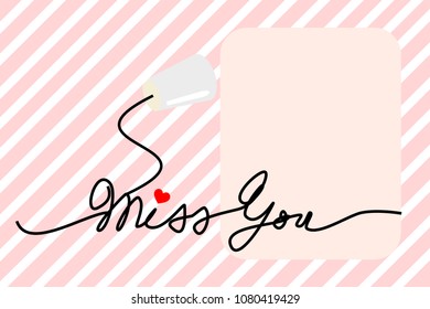 String phone connect with the word 'Miss you' and copy space for writing or typing message.  Illustration in communication and love concept. Connecting with love.