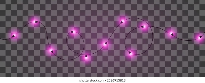 A string of purple glowing fairy lights on a transparent background. Decorative, warm lighting for holidays or festive occasions.