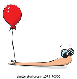 The string of a red balloon tied to the tail of a peach-colored worm with bulging eyes vector color drawing or illustration 