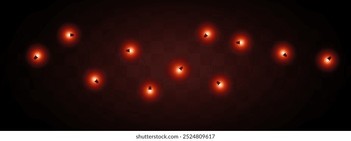 Una cadena de luces de hadas brillantes rojas sobre un fondo transparente. Iluminación decorativa y cálida para vacaciones u ocasiones festivas.