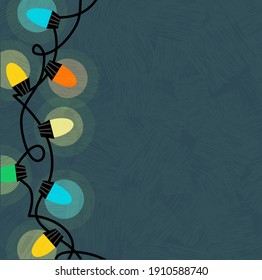 String of retro glowing colorful Christmas holiday lights on dark background. Gradient free template for greeting cards, banners, social media posts.