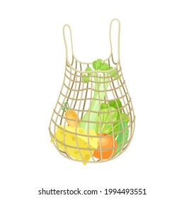 String Reusable Bag with Grocery Products as Eco Shopping Vector Illustration