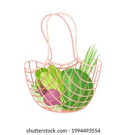 String Reusable Bag with Grocery Products as Eco Shopping Vector Illustration