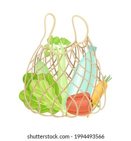 String Reusable Bag with Grocery Products as Eco Shopping Vector Illustration