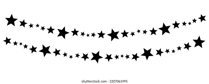 string of stars, star shape decorative element, christmas symbol, black filled vector border, simple decorative garland for carnival or celebration, decor garlands isolated on white background