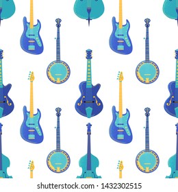 String, strumming music instruments seamless pattern. Guitar, banjo, violin, cello texture. Rock, jazz, classical music instruments. Modern, country music concert, classical performance