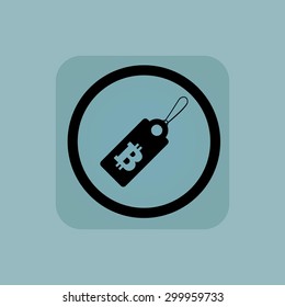 String tag with bitcoin symbol in circle, in square, on pale blue background