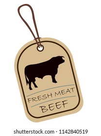 String tag, meat label. Label with illustration of beef. Price list for beef meat. Meat tag with bull image