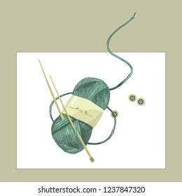 
A string of thread for knitting. Threads, buttons and knitting needles. Creative supplies. Items for hobby.