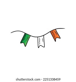 String with three flags green, white, orange isolated on white background. Hand drawn vector sketch illustration in doodle engraved vintage outline style. Holiday, decoration, celebration, ireland.