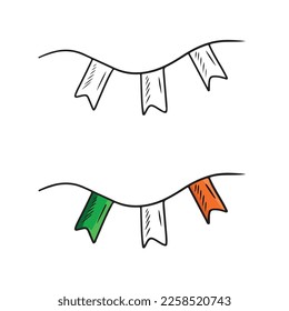 String with three flags green, white, orange isolated on white background. Hand drawn vector sketch illustration in doodle engraved vintage outline style. Holiday, decoration, celebration, ireland