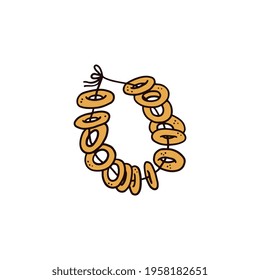 String of traditional Russian bagels - doodle drawing of sushki, baranki or bubliki tied together in thread loop. Flat vector illustration isolated on white background.