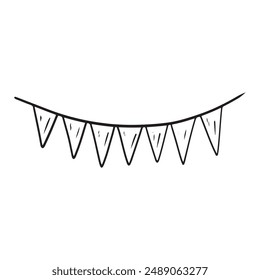 String with triangular flags garland for celebrating happy birthday, anniversary, holiday in in black isolated on white. Hand drawn vector sketch illustration in doodle engraved vintage line art style