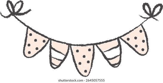 A string of triangular flags with polka dots and stripes in a sketchy style. Bunting with bows adds a playful touch to celebrations. Cartoon vector illustration.
