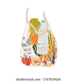 String or turtle bag full of products vector flat illustration. Stylish mesh accessory for carrying purchases isolated on white background. Eco friendly design sack with groceries from supermarket